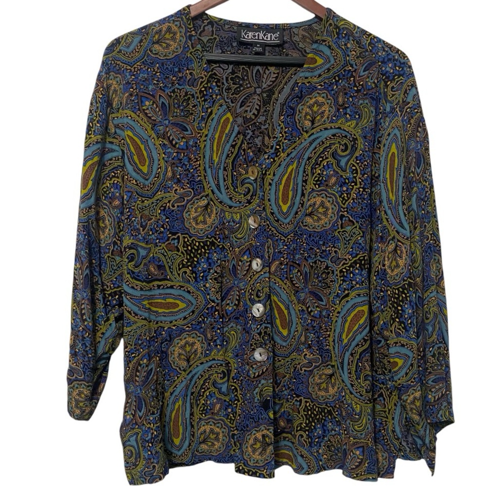 Karen Kane Boho Paisley Button Up Blouse Cardigan Womens Size Medium Career Wear